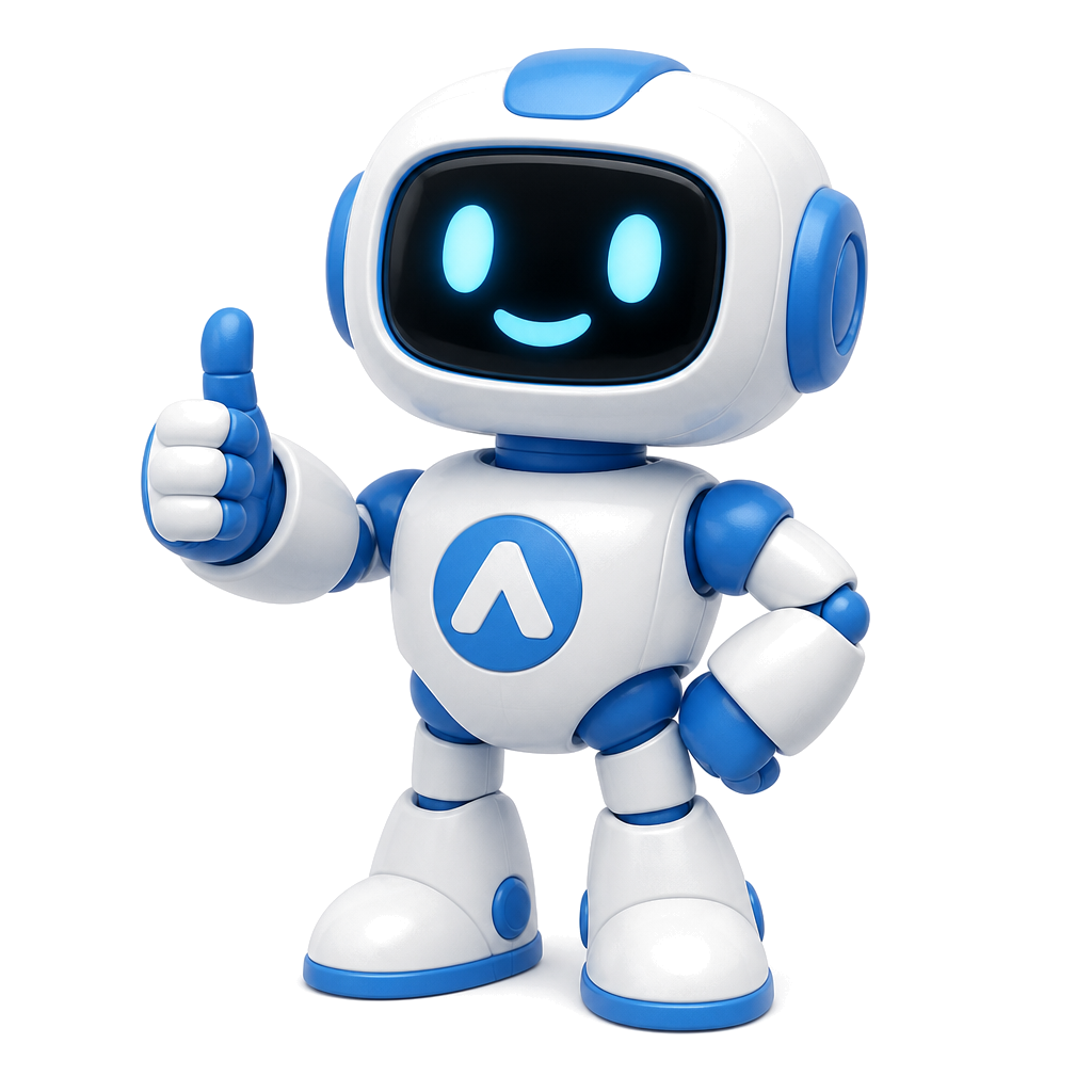Mascote robô 3D fazendo polegar para cima
